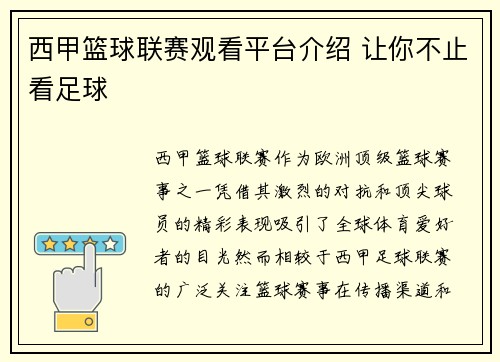 西甲篮球联赛观看平台介绍 让你不止看足球