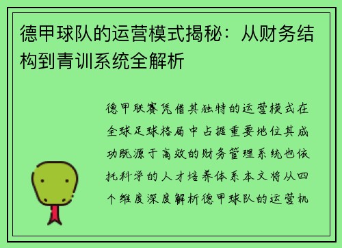 德甲球队的运营模式揭秘：从财务结构到青训系统全解析