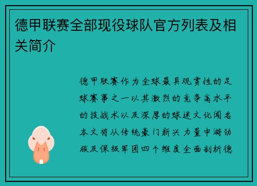 德甲联赛全部现役球队官方列表及相关简介